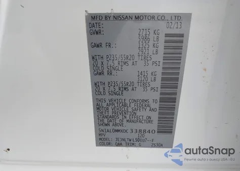 2013 Infiniti Jx35 из США, поврежденный, VIN 5N1AL0MMXDC338840